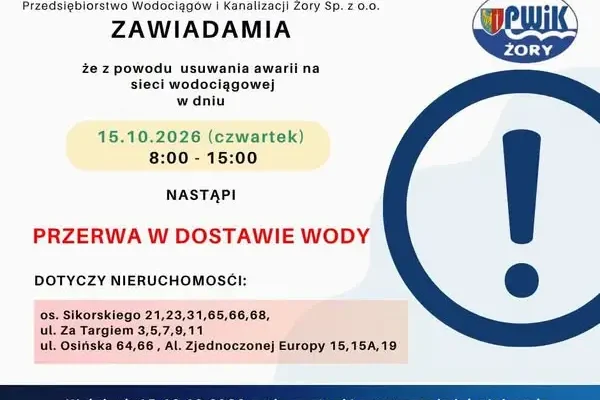 Przerwa w dostawie wody w Żorach – 15 października