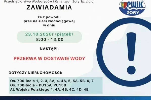 Przerwa w dostawie wody w Żorach – Os. 700-lecia i Al. Wojska Polskiego