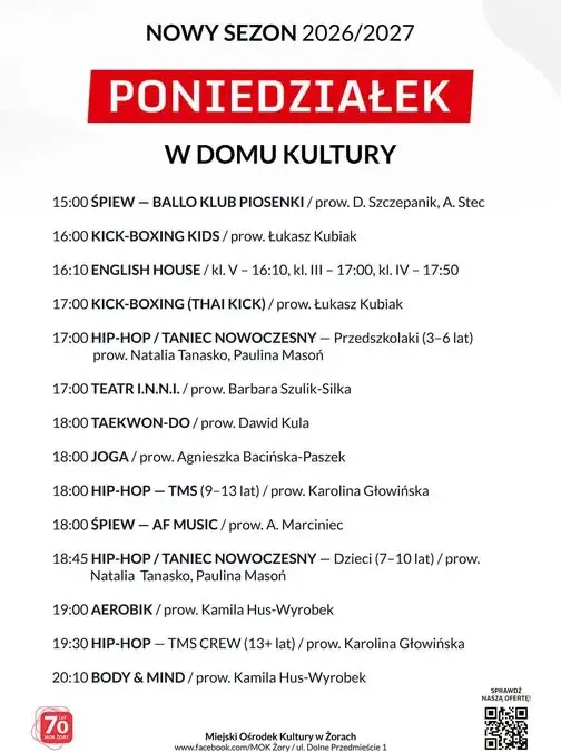 Nowy sezon zajęć w MOK Żory – sprawdź harmonogram na poniedziałek